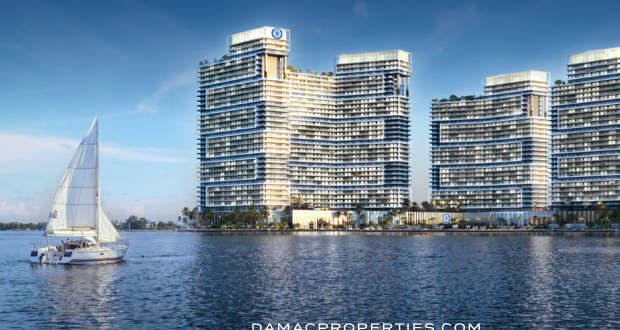 Chelsea Residences buildings facing the waterfront in Dubai Maritime City